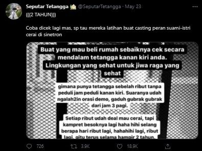 Viral Pasutri Gaduh Gubrak Gubruk Tiap Jam 3 Pagi. (Twitter/@SeputarTetangga)