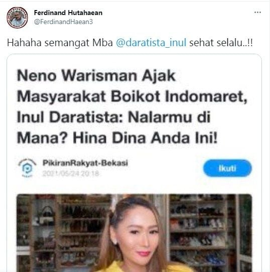 Cuitan Ferdinand Hutahaean terkait pernyataan Inul Daratista yang menyemprot Neno Warisman. [Twitter@FerdinandHaean3]