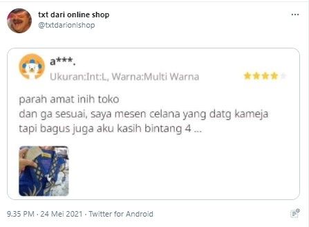 Pembeli salah dapat pesanan beri bintang 4 (Twitter/txtdarionlshop)