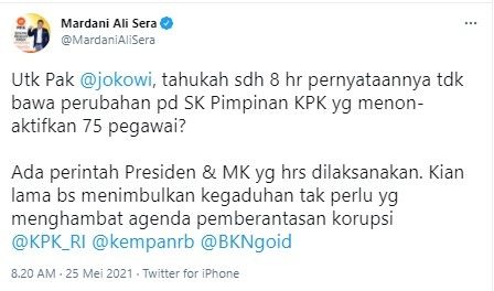 Mardani ingatkan Jokowi soal nasib 75 pegawai KPK belum ada perubahan (Twitter/mardanialisera)