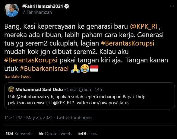 Cuitan Fahri Hamzah Sebut Berantas Korupsi Itu Gampang. (Twitter/@FahriHamzah)