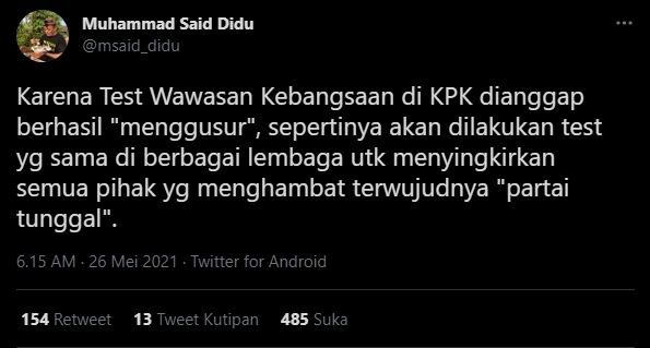 Cuitan Said Didu soroti hasil TWK KPK (Twitter/Msaid_Didu).