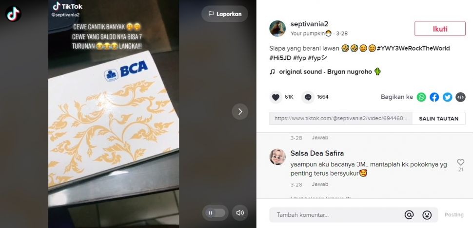 Viral Wanita Ini Pamer Saldo Rekening 7 Turunan. (TikTok/@septivania2)