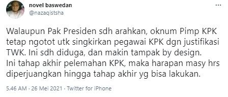 Novel Baswedan endus rencana pelemahan KPK makin nampak (Twitter/nazaqistsha)