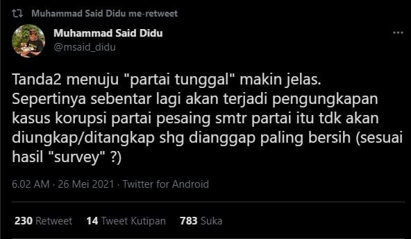 Cuitan Said Didu soroti hasil TWK KPK (Twitter/Msaid_Didu).