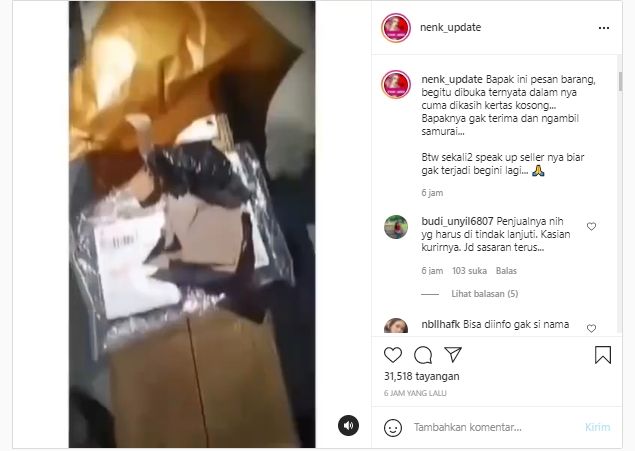 Viral pria ngamuk ke kurir karena paket isinya kertas kosong (Instagram/nenk_update).