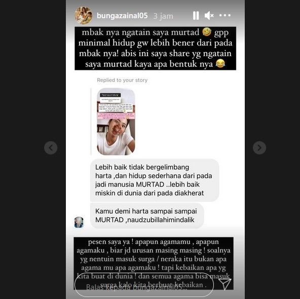 Bunga Zainal dikatai murtad oleh seorang warganet. [Instagram]