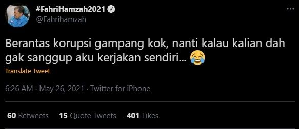 Cuitan Fahri Hamzah Sebut Berantas Korupsi Itu Gampang. (Twitter/@FahriHamzah)