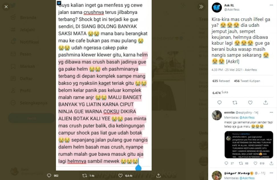 Jilbab terbang sampai dikira alien botak (Twitter/askrlfess)