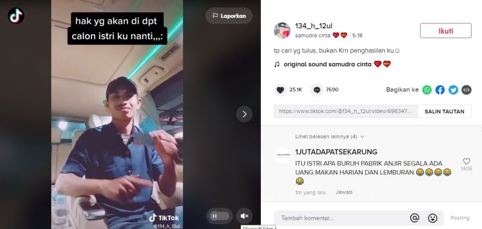 Viral Pria Cari Istri Tawarkan Gaji Pokok Sampai Uang Lembur Segini. (TikTok/@134_h_12ul)