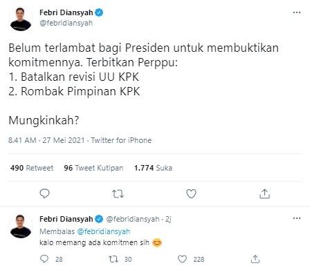 Febri Diansyah sebut Jokowi belum telat keluarkan Perppu KPK (Twitter/febridiansyah)