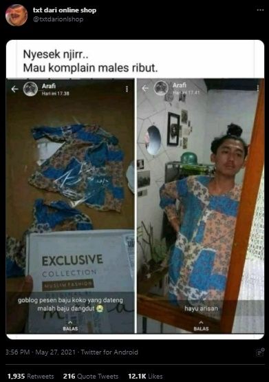 Viral Curhat Pria Nyesek Abis Saat Pesen Baju Koko. (Twitter/@txtdarionlshop)