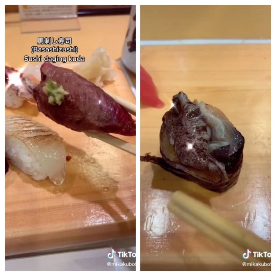Sushi daging kuda dan abalone hidup (TikTok @mikakubo911)