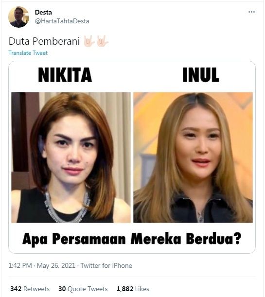 Unggahan soal Inul Daratista dan Nikita Mirzani [Twitter/@HartaTahtaDesta]