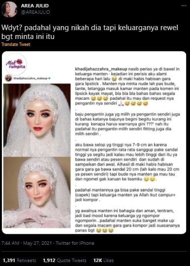 Curhat MUA Dimaki Habis-habisan Oleh Keluarga Pengantin. (Twitter/@AREAJULID)