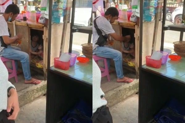 Viral Momen Menggores Hati Bapak PKL Suapi Kedua Anaknya di dalam Gerobak. (Instagram/@dunia_kaumhawa)