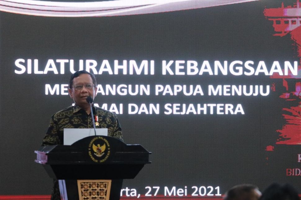 Menkopolhukam Mahfud Md dalam acara Silaturahmi Kebangsaan Membangunan Papua Menuju Damai dan Sejahtera, Jakarta 27 Mei 2021. [dokumentasi Humas Kemenko Polhukam]