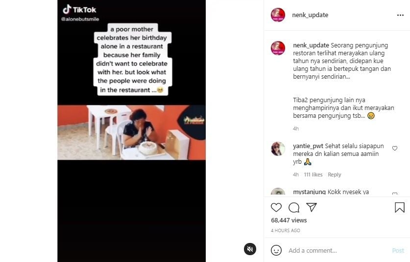 Viral Video Ibu Rayakan Ultah Sendirian di Depan Kue. (Instagram/@nenk_update)