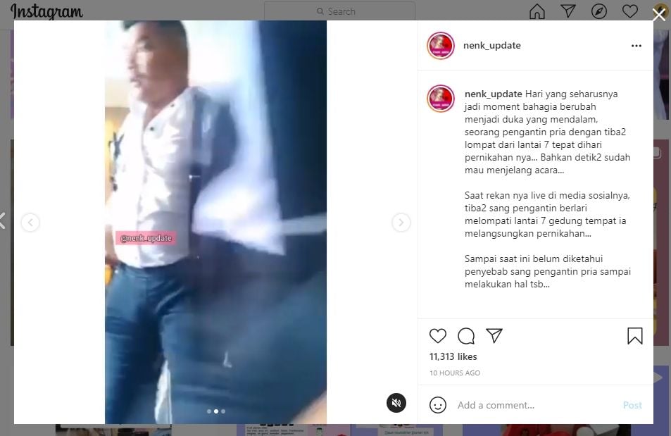 Pengantin pria lompat dari lantai 7 di hari pernikahannya (IG/nenk_update)