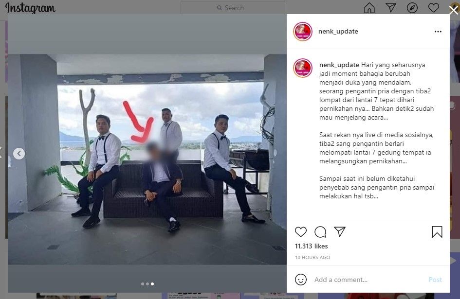 Pengantin pria lompat dari lantai 7 di hari pernikahannya (IG/nenk_update)