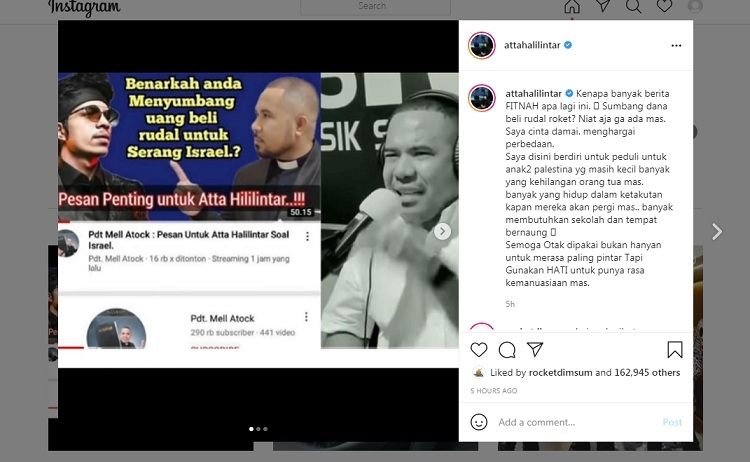 Atta Halilintar difitnah galang dana Palestina untuk beli rudal [Instagram]