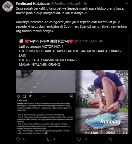 Ferdinand Hutahean Kritik Anies Baswedan Buat Jalur Sepeda. (Twitter/@FerdinandHaean3)