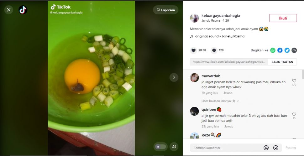 Wanita mau masak telur, syok yang keluar anak ayam (TikTok).