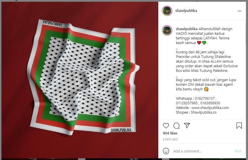 Brand Malaysia Rilis Kerudung Terinspirasi Aksi Bella Hadid Dukung Palestina (instagram.com/shawlpublika)