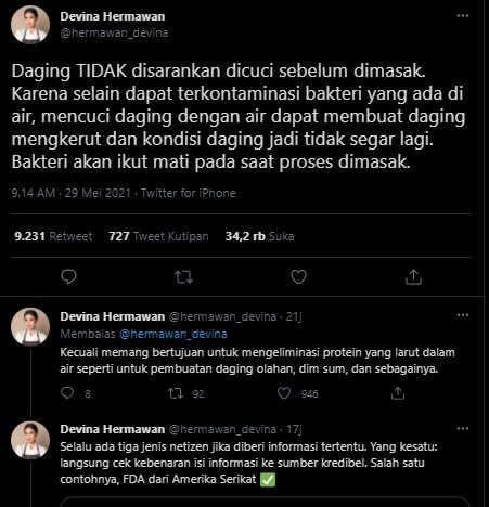 Jarang Diketahui, Chef Devina Hermawan Ungkap Alasan Daging Tidak Boleh Dicuci. (Twitter/@hermawan_devina)