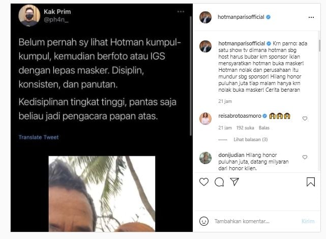 Hotman Paris bongkar pengalaman pernah kehilangan honor puluhan juta (Instagram).