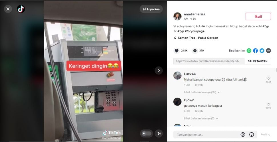 Iseng isi bensin full tank, pemobil keringat dingin pas tahu habis berapa (TikTok/amaliamarisa).