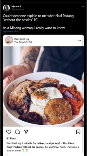 Viral postingan salah satu kafe di Singapura, dianggap hina Nasi Padang. (Instagram/@theritual.sg)