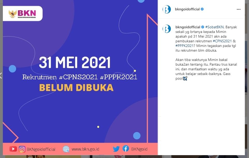 Pendaftaran CPNS 2021 Tak Jadi Dibuka Hari Ini. (instagram.com/bkngoidofficial)