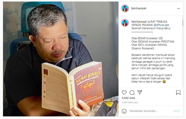 Fahri Hamzah layangkan surat terbuka bagi para pegawai KPK (Instagram).