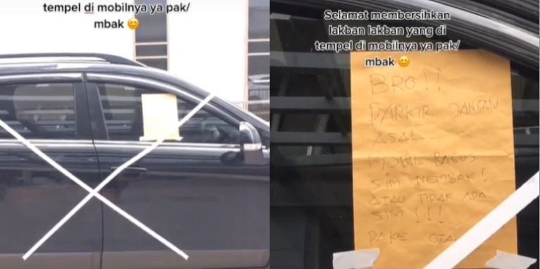 Ngamuk kendaraan orang parkir di jalan, mobil sampai di lakban dan ditempeli tulisan menohok (TikTok).