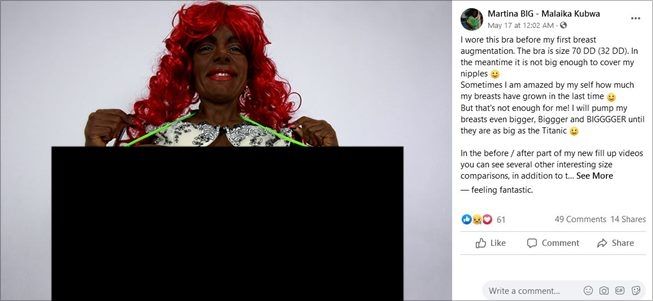 Martina Big, wanita yang terobsesi memiliki payudara sebesar Titanic. (Facebook/Martina BIG - Malaika Kubwa)