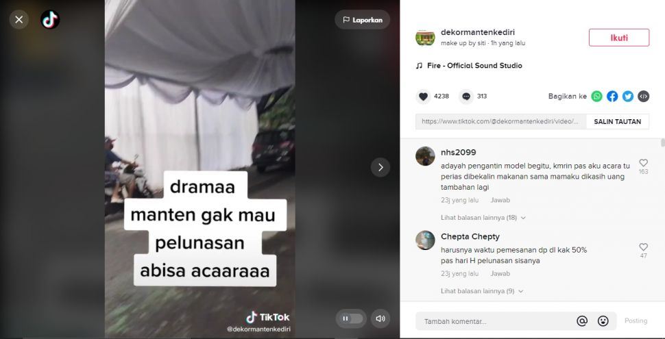 Drama pengantin ngeyel lunasi biaya nikah, tenda tak dibongkar agar satu kampung tahu (TikTok/dekormantenkediri).