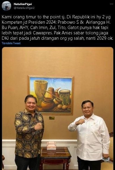 Prabowo dan Airlangga dicap cocok jadi presiden 2024. (Twitter/@nataliuspigai)