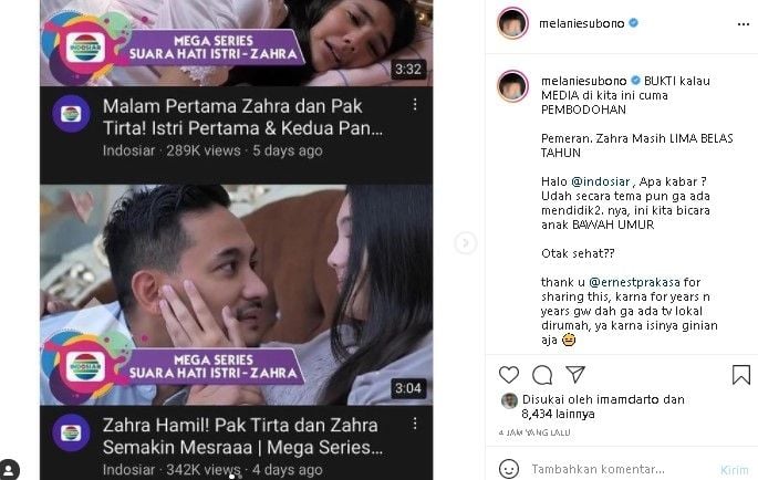 Melanie Subono kritik keras Sinetron Zahra Indosiar. (Instagram/@melaniesubono)