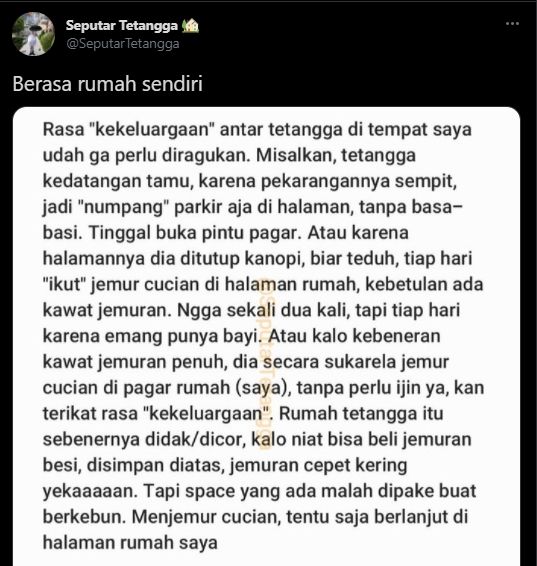 Tetangga kerap parkir dan jemur pakaian di halaman rumah orang lain. (Twitter/seputartetangga)