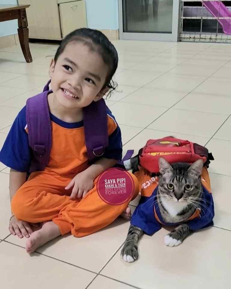 Bikin Gemas, Momen Bocah dan Kucing Ini Kompak Pakai Baju Sama 