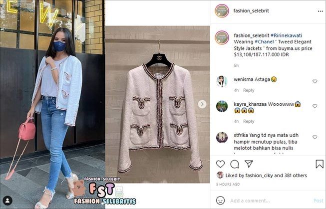 Detail merek dan harga jaket kece Ririn Ekawati. (Instagram/@fashion_selebrit)