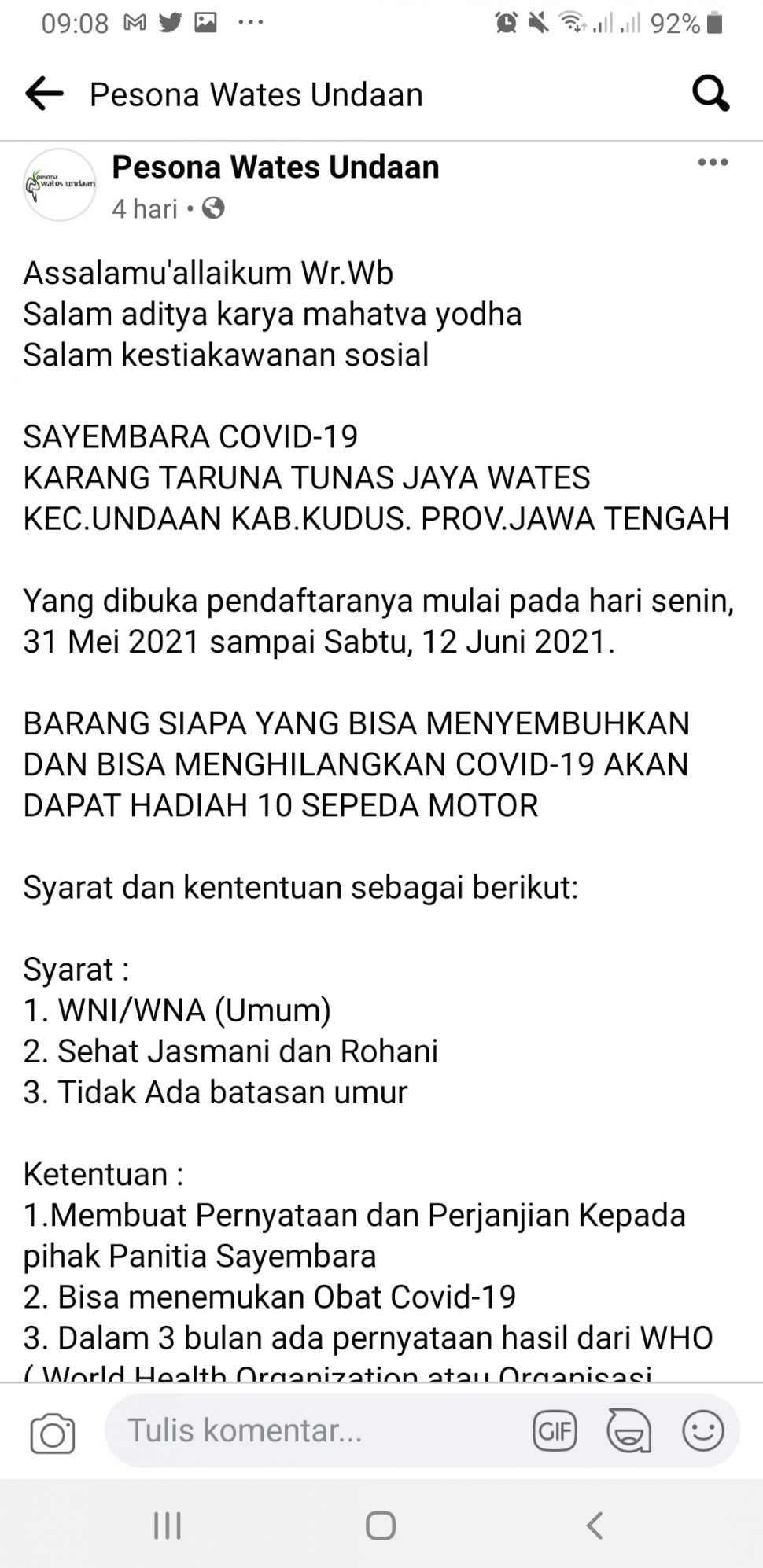 Sayembara sembuhkan Covid-19 di Kudus berhadiah 10 sepeda motor.