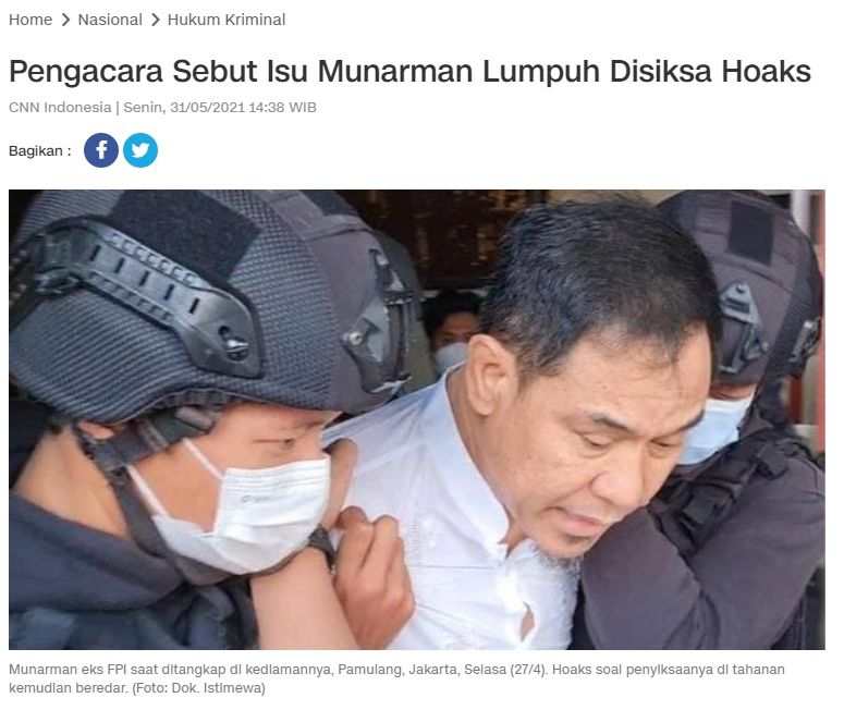 Fakta Munarman lumpuh gegara disiksa di penjara (Turnbackhoax.id)