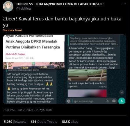 Ayah Korban Pemerkosaan Anak Anggota DPRD Bekasi Akui Dapat Teror dan Intimidasi. (Twitter/@tubirfess)