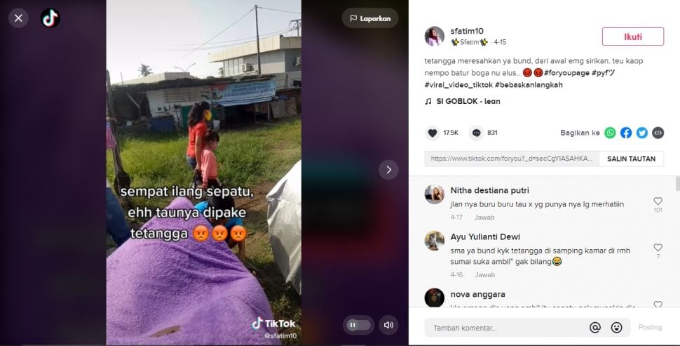 Jengkel sepatu hilang, wanita auto curiga pas tetangga lewat (TikTok).