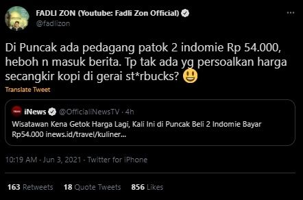 Cuitan Fadli Zon Protes Tak Ada Yang Persoalkan Harga Kopi Starbucks. (Twitter/@fadlizon)