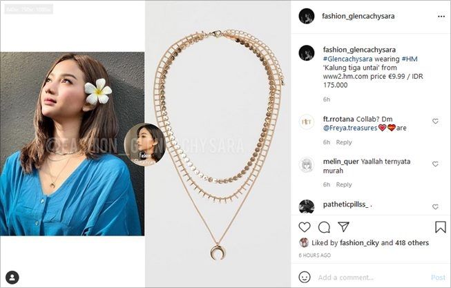 Harga kalung cantik Glenca Chysara bikin warganet kaget. (Instagram/@fashion_glencachysara)