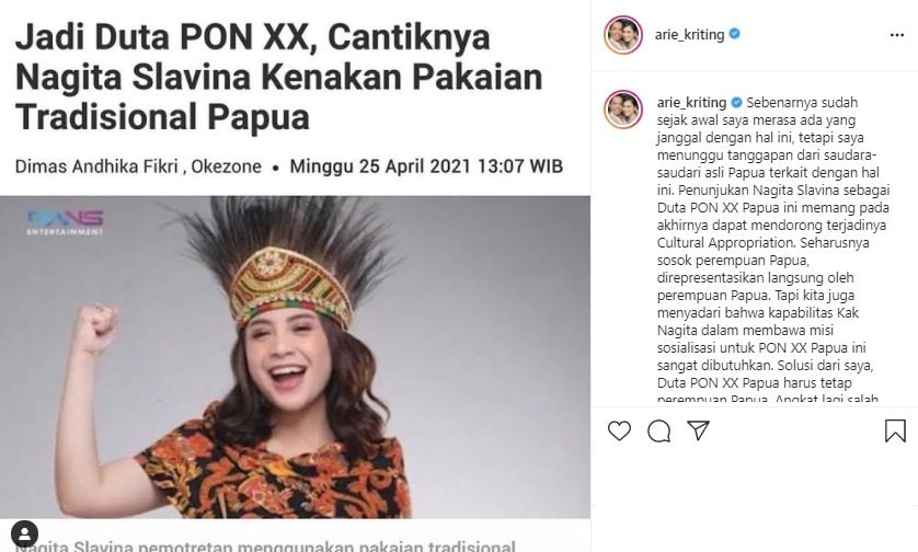 Postingan Arie Kriting soal Duta PON XX Papua. (Instagram/arie_kriting)