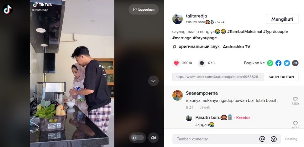 Viral Istri Murka Suami Tumpahkan Susu di Dapur. (TikTok/@talitaredja)